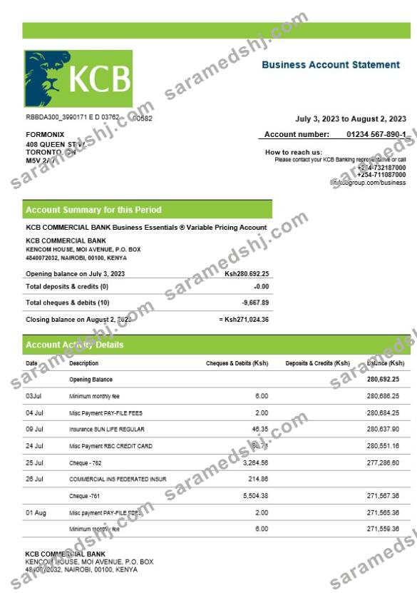 Kenya Commercial Bnak firm account statement Word and PDF template